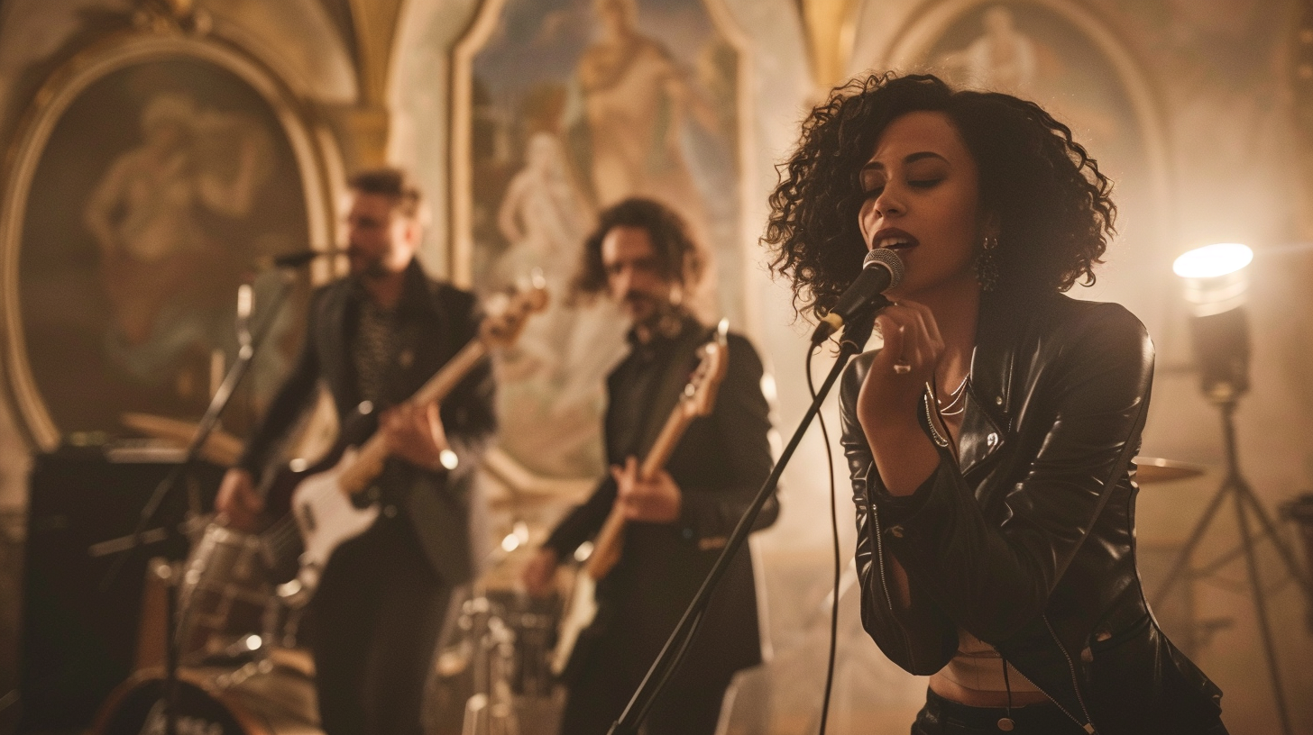 Woman sings into microphone while band plays in the background