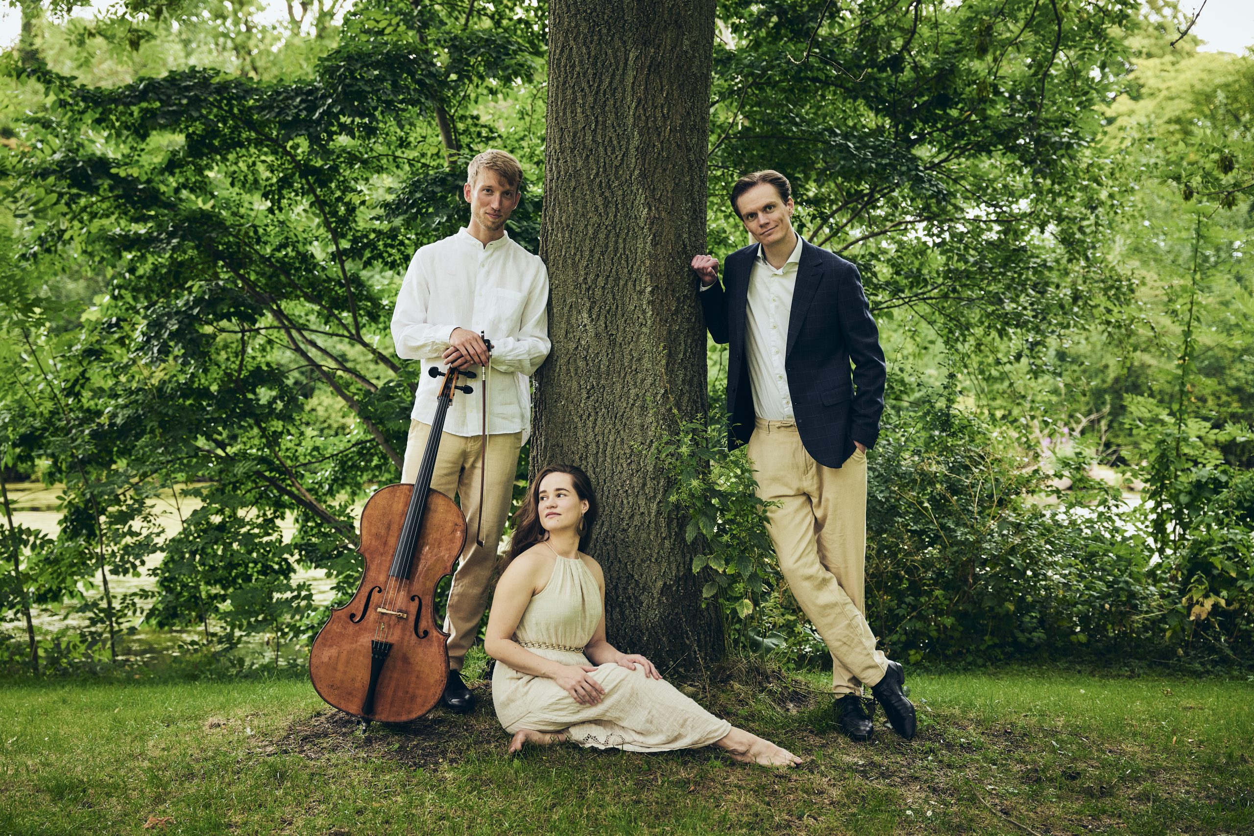 Tre personer klar til at spille cello og sang poserer under træ i grøn park til sommerkoncert og klassisk musikarrangement i det fri.