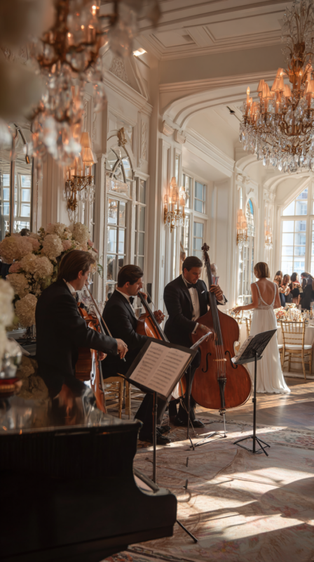 Musikere i klassisk ensemble spiller strygere i elegant sal med højt til loftet og naturligt lys, hvilket skaber en kulturel og eksklusiv atmosfære