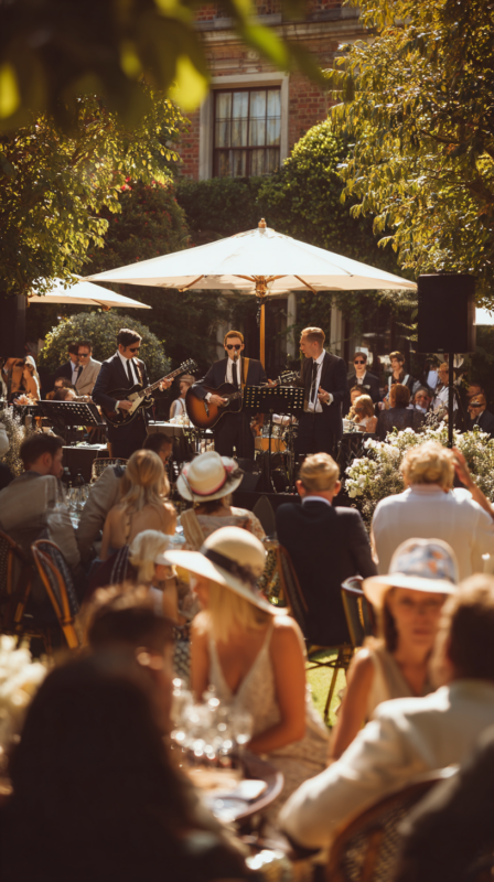 Udendørs havefest med mange gæster samlet under parasoller i grønne omgivelser, hvilket skaber en livlig, sommerlig og social atmosfære